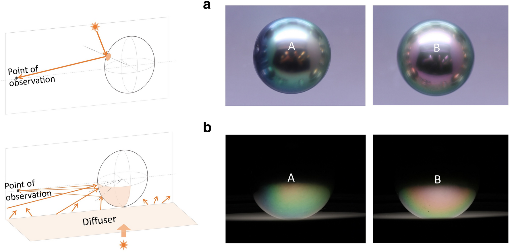 A research figure comparing Tahitian pearls under overhead and interference-enhancing illumination