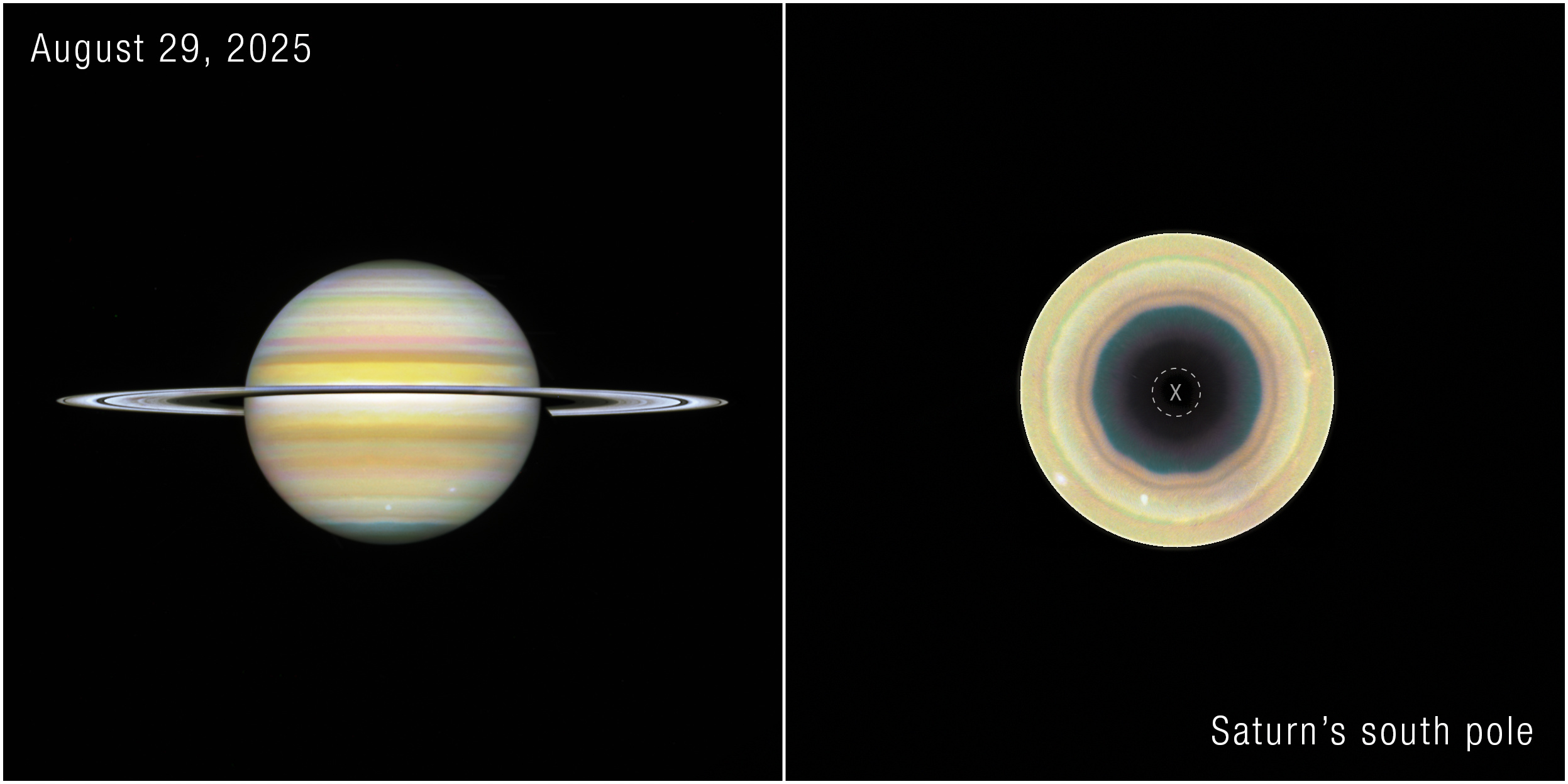 Hubble color composite of Saturn and its south-pole decagon